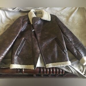 Zara man dark brown shearling Moto jacket size large